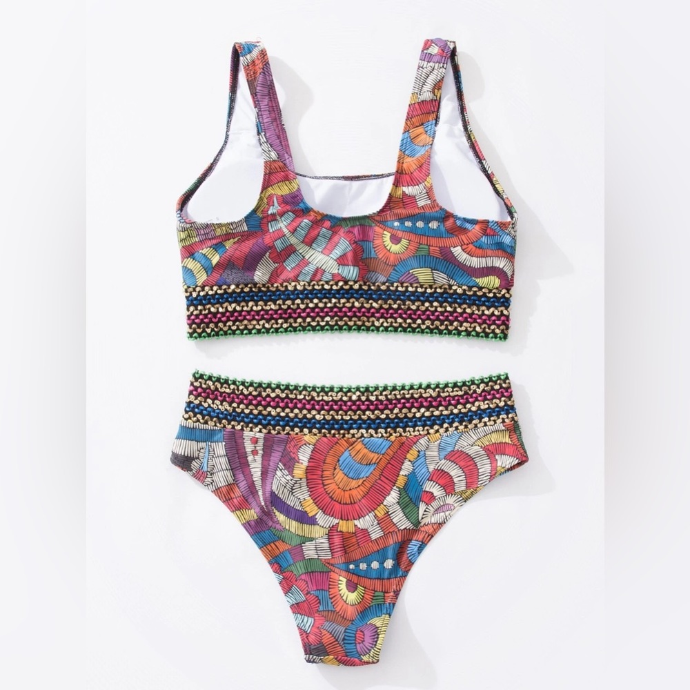 Multicolor Allover Graphic Contrast Tape Bikini Swimsuit Set High Waist Padded - Picture 4 of 6